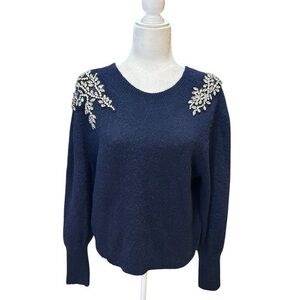 Veronica Beard Navy V-Neck Sweater with Embellished Shoulders